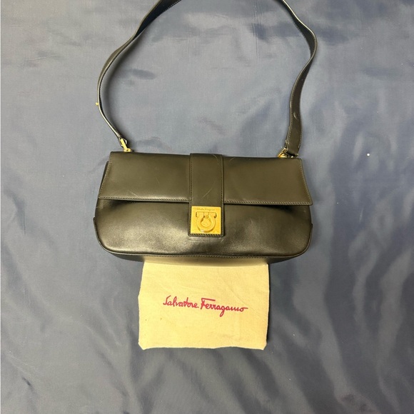 Salvatore Ferragamo Black Leather Gancini Shoulder Bag w/ Dust Bag